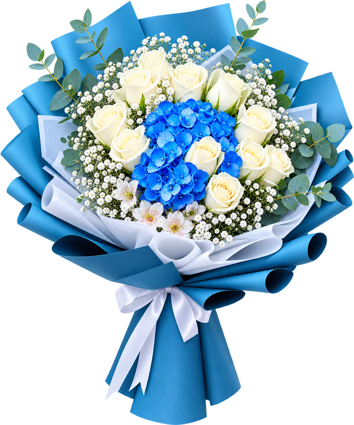 White Roses & Blue Hydrangea Bouquet – Same-Day Delivery Dubai