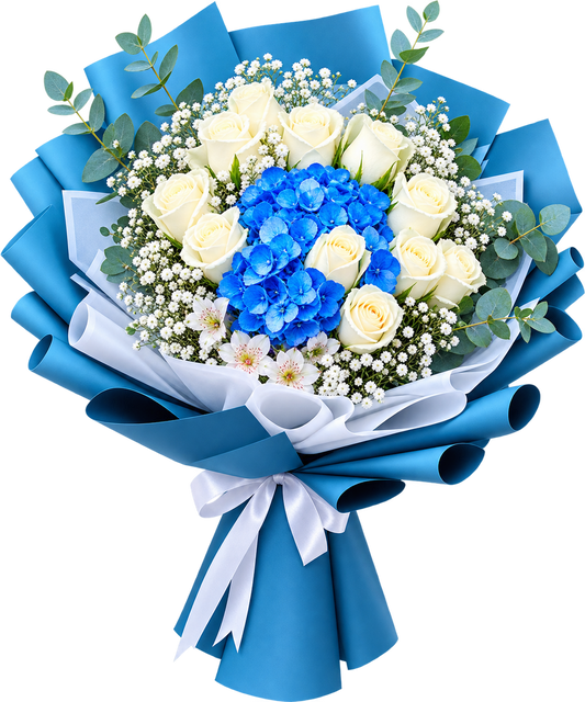 White Roses & Blue Hydrangea Bouquet – Same-Day Delivery Dubai